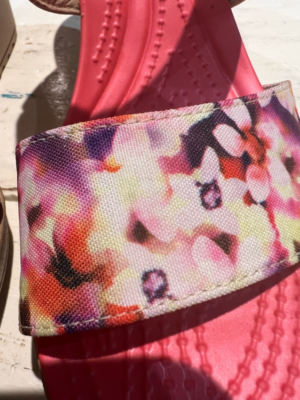 CROCS Coral Slide Sandals with Floral and Light Gray Straps - Picture 11 of 12